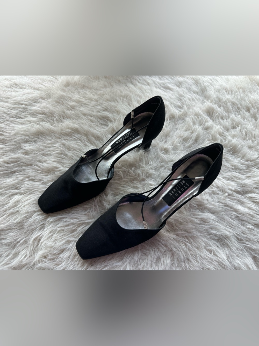 Stuart Weitzman Black Satin Square-Toe Slingback Heels with Rhinestone Accents